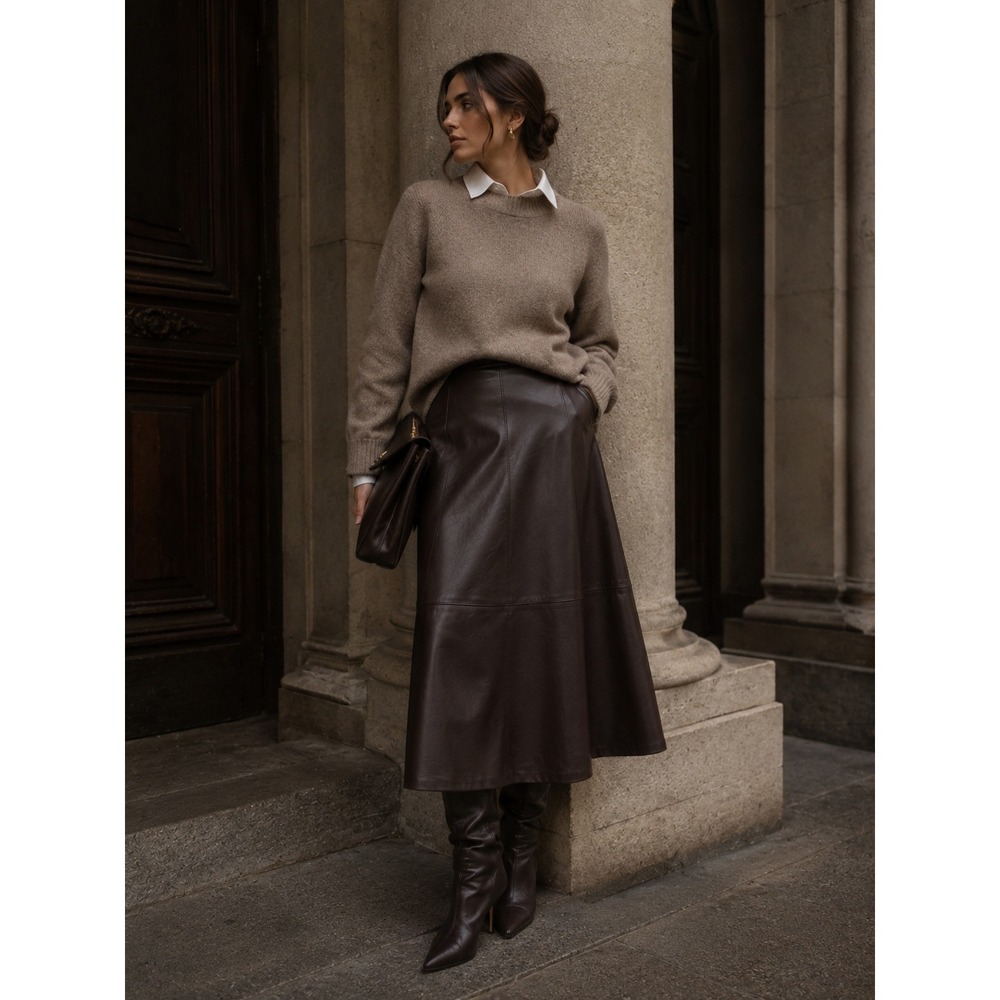 H&M Edition Dark Brown Vegan Leather High Waist Midi Skirt Flared Minimalist 12